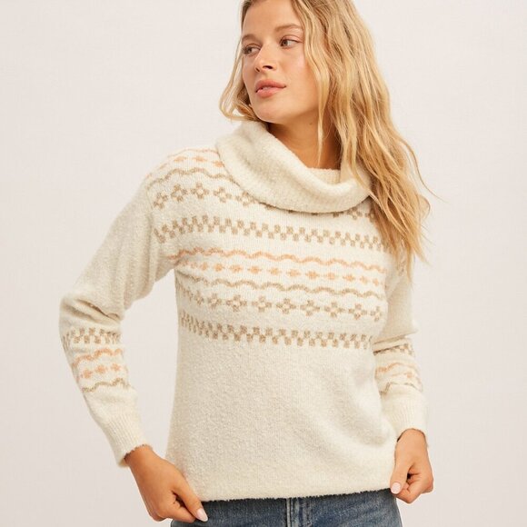 BOUTIQUE HEM & THREAD Fair Isle Turtleneck Sweater Ivory Beige Knit Pullover - Picture 4 of 8